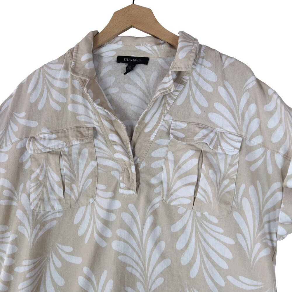 Ellen Tracy Linen Blend Top M Leaf Print Coastal Resort Blouse - Picture 2 of 8